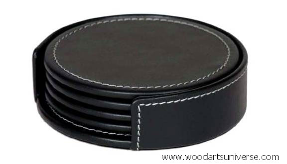 Black Leatherette Coasters with Holder - WAS1018D