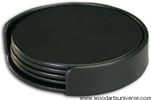 Black Nappa Leather Coasters with Holder- WAS1017D
