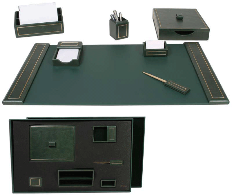 Green Leather 24kt Gold-Tooled 7-Piece Desk Set WAUGRWG9999