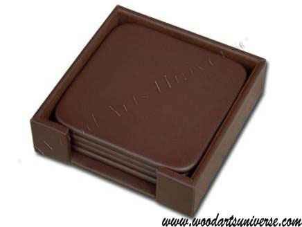 Chocolate Brown Leatherette  Square Coasters with Holder  WAS1011DFE