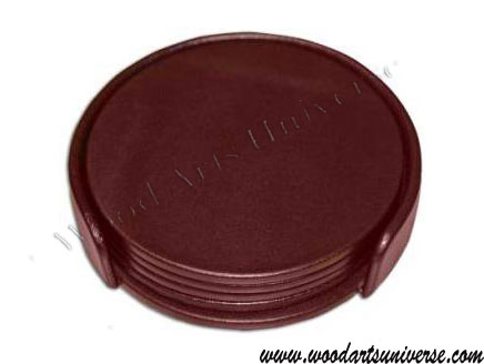 Dark Brown Leatherette Round Coasters with Holder WAUS1013D