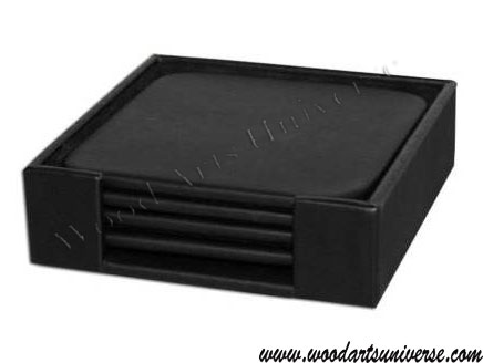 Black Leatherette Square Coasters with Holder WAURCUSA1081