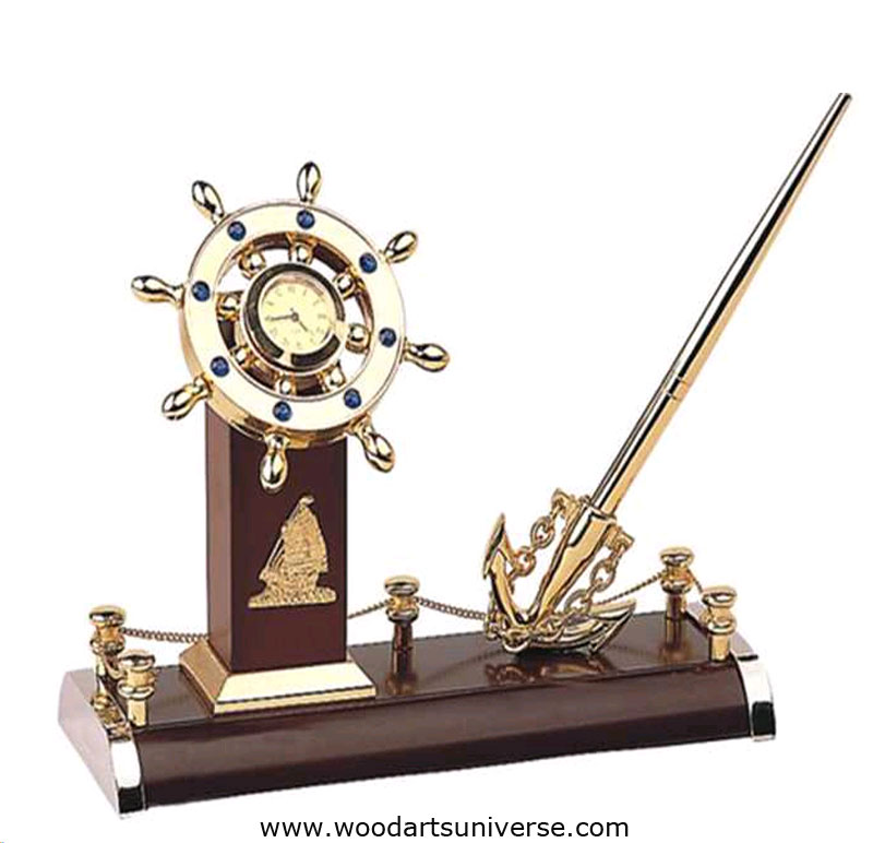 Nautical  Anchor Pen Stand and Ship Wheel Clock WASCBG09700