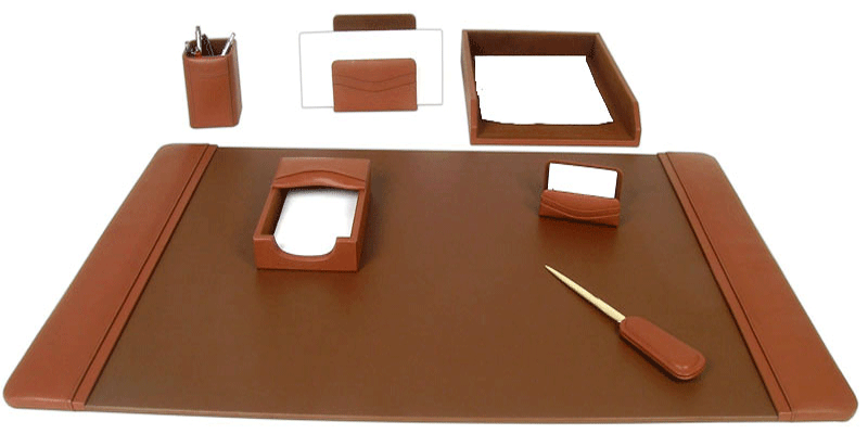 Tan Brown Leather 7 Piece Desk Set